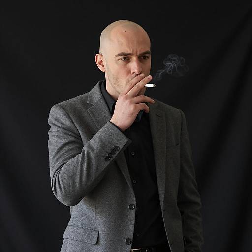 Bald Man in Gray Suit with Cigarette