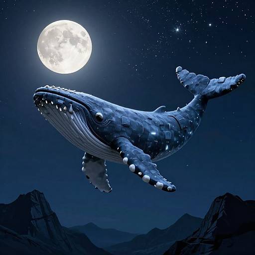 Digital artwork of a glowing, mechanical blue whale flying under a bright full moon in a starry night sky with dark mountains below.