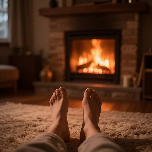 Photograph of bare feet with light skin tone, crossed at the ankles, on a beige shag rug in front of a warmly lit brick fireplace.