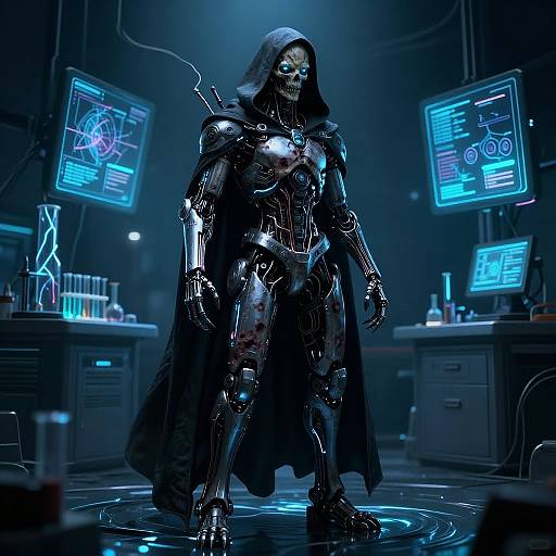 CGI sci-fi image: Robotic warrior in blood-stained black armor and hood, standing in futuristic lab with blue neon screens.