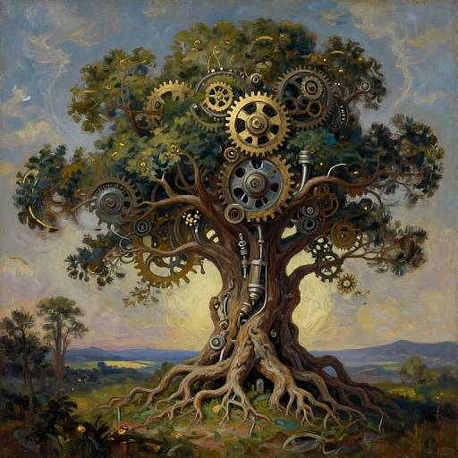Digital surreal painting of a large tree with mechanical gears and cogs integrated into its branches and trunk, set against a vibrant, cloudy sky and lush landscape
