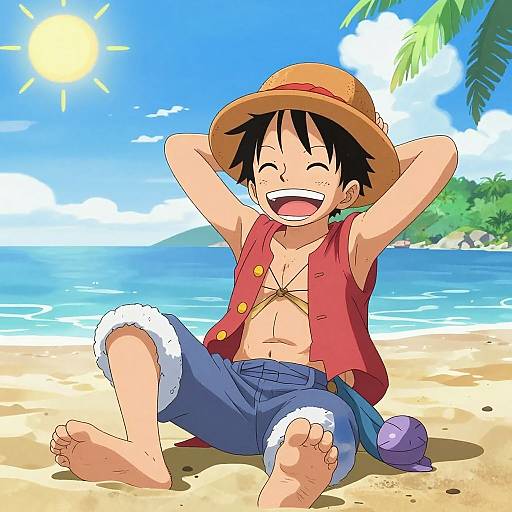 Anime-style drawing of a smiling boy with black hair, wearing a red vest, blue shorts, and straw hat, sitting on a sunny beach, arms