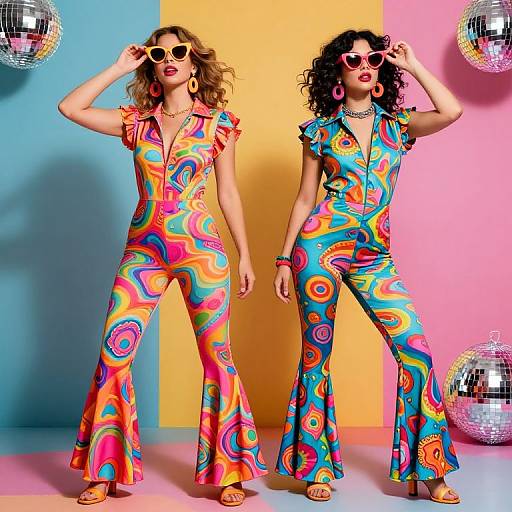 Photograph of two women in vibrant, psychedelic patterned jumpsuits, wearing white sunglasses, against a colorful background with disco balls.