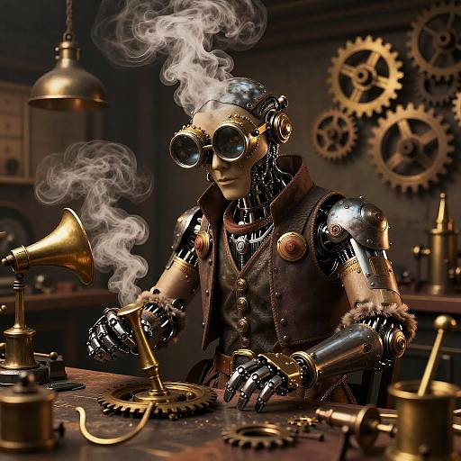 Steampunk robot with brass goggles and leather vest smokes from a pipe in a dimly-lit workshop with gears and machinery.