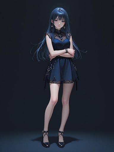 Digital anime-style drawing of a blue-haired woman in a black lace dress and fishnet heels, arms crossed, standing against a dark background.