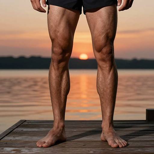 Photograph of a muscular man's legs standing barefoot on a wooden dock at sunset, wearing black shorts, with a serene lake and orange sky in