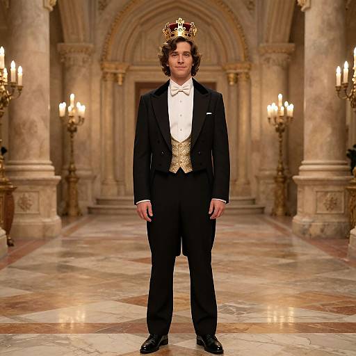 Photograph of a young man with wavy brown hair, wearing a black tuxedo, white shirt, gold vest, and gold crown, standing