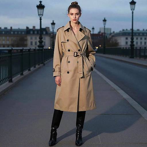 Photograph of a serious, fair-skinned woman with dark hair in a bun, wearing a beige trench coat, black pants, and boots, standing