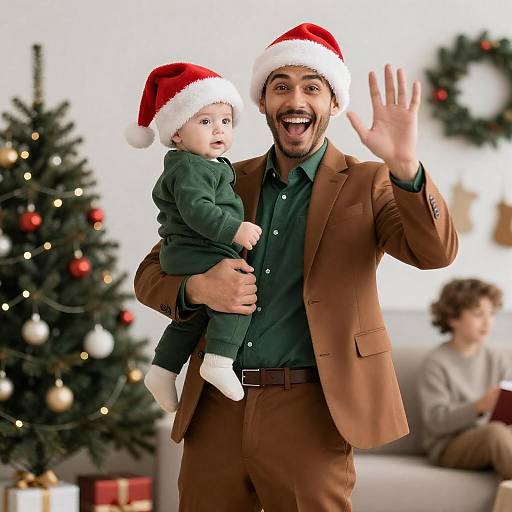 Joyful Man with Baby in Christmas Setting