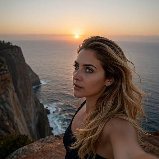 Photograph of a blonde woman with green eyes, wearing a black top, taking a selfie at sunset on a cliff overlooking the ocean.