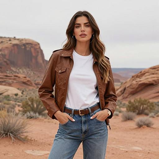 Woman in Brown Leather Jacket in Desert