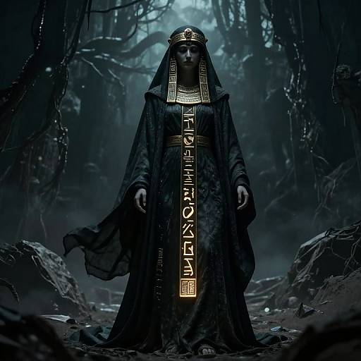 Mysterious dark-robed figure in ancient Egyptian headdress and ornate robe, standing in a foggy, eerie forest. Glowing hieroglyph