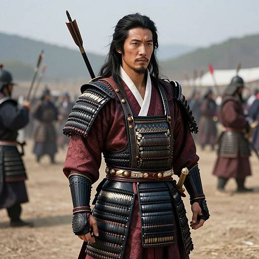 Photograph of a serious East Asian samurai with long black hair, wearing detailed black armor, red robe, and holding a quiver, standing in