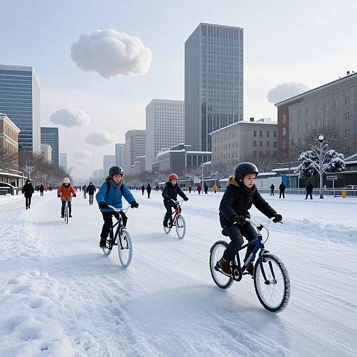 Photograph of children biking on a snowy urban plaza, wearing winter gear, with tall buildings and scattered pedestrians in the background.
