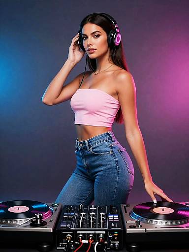 Stylish Female DJ Between Turntables