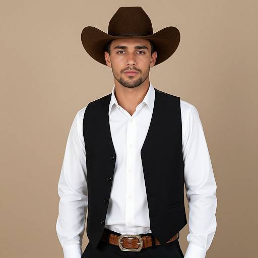 Photograph of a young man with medium skin tone, brown eyes, and short dark hair, wearing a brown cowboy hat, white shirt, black vest