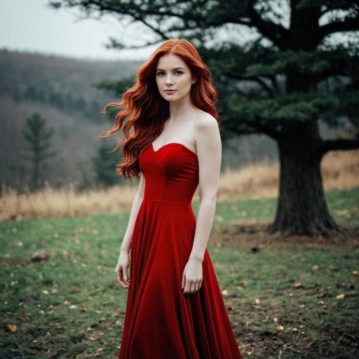 Red-haired Woman in Red Dress Outdoors