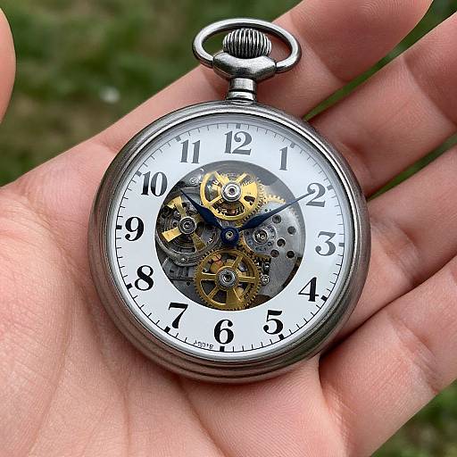 Photograph of a hand holding a silver pocket watch with white face, black numbers, visible gears, and green accents.