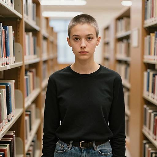 Photograph of a young woman with short gray hair, wearing a black long-sleeve shirt and blue jeans, standing in a library aisle with book