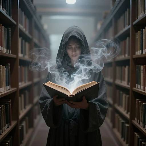 Photograph of a hooded figure in a dim library, surrounded by bookshelves, reading a glowing book with swirling smoke.