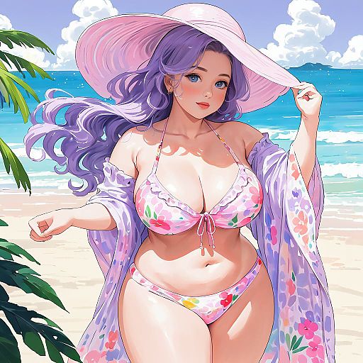 Anime Girl in Floral Bikini on Beach