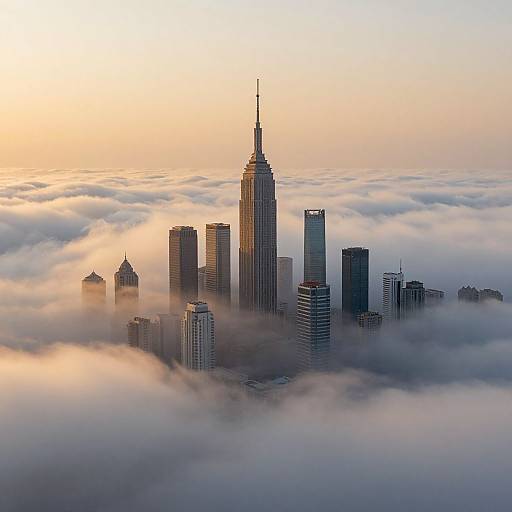 Aerial photograph of New York City's skyline at sunrise, with tall skyscrapers, including the Empire State Building, emerging from a blanket of clouds