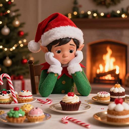 Melancholic Christmas Elf with Festive Pastries