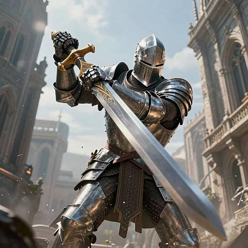 CGI medieval knight in shiny armor wielding a large sword, standing victorious in a sunlit, detailed cityscape with tall, ornate buildings.