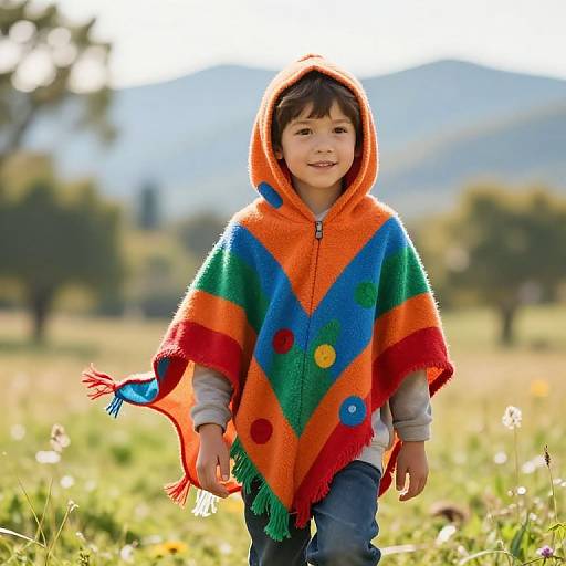 Photograph of a smiling young boy wearing a vibrant, multicolored, striped wool poncho with pom-poms, standing in a sunlit me
