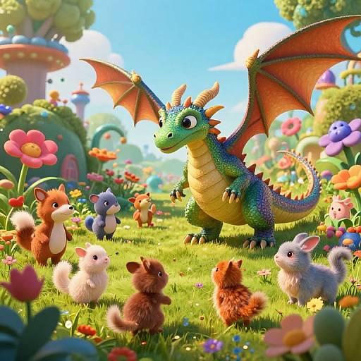 Digital illustration of a colorful, friendly dragon with green scales and orange wings standing in a vibrant, flower-filled meadow with cute, fluffy animals including squir