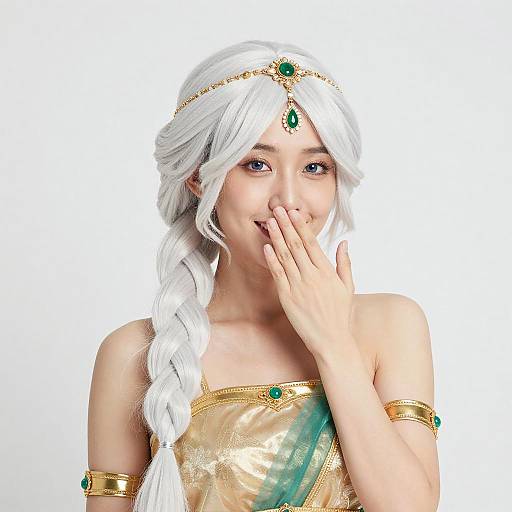 Playful Asian Woman with Gold Accessories