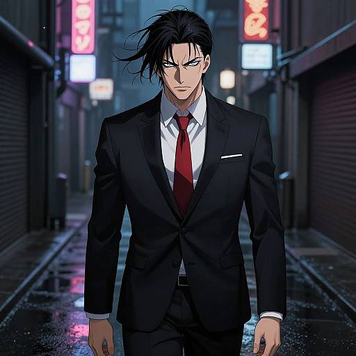 Digital anime-style artwork of a handsome, dark-haired man in a black suit, red tie, and white shirt walking down a wet, neon-lit