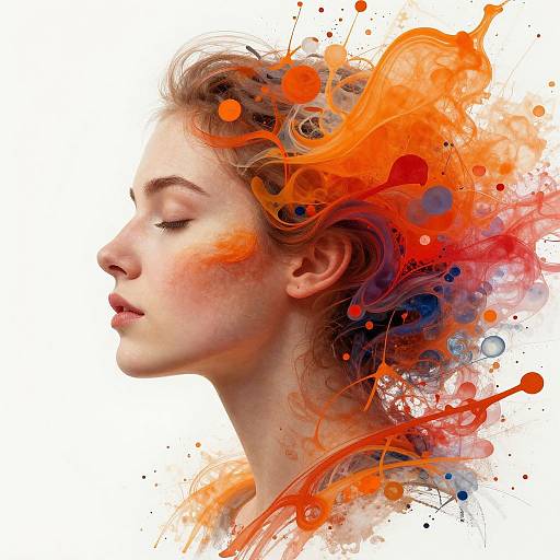 Digital artwork of a fair-skinned woman with closed eyes, surrounded by swirling orange and red paint splatters, against a white background.