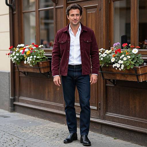 Photograph of a man with medium build, dark hair, and light skin, wearing a maroon velvet jacket, white shirt, black pants, and