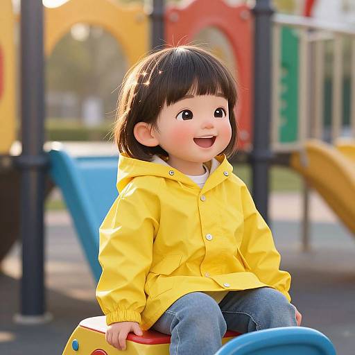 Photograph of a happy Asian toddler with black bob-cut hair, wearing a yellow hoodie and blue jeans, sitting on a colorful playground ride, smiling brightly