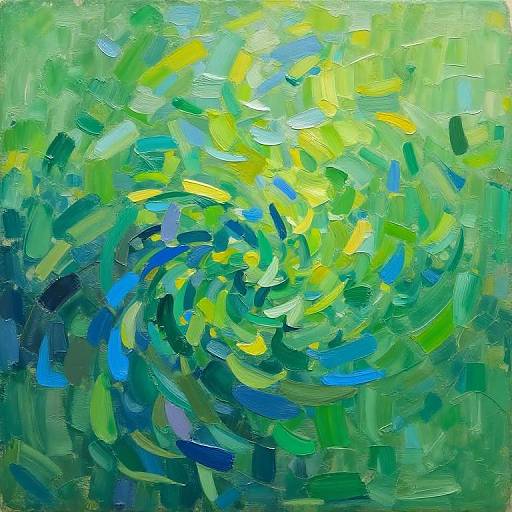 Abstract painting in vibrant green, blue, and yellow brushstrokes, forming a swirling, dynamic pattern with textured, layered paint.