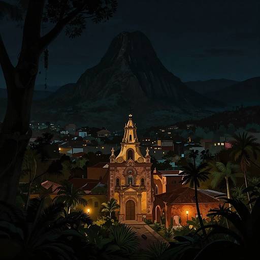 Photograph of a brightly lit, historic church with a bell tower, silhouetted by a dark, towering mountain at night.