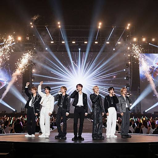 Photograph of seven male singers in formal attire, standing on stage with radiant white lights and fireworks in the background.