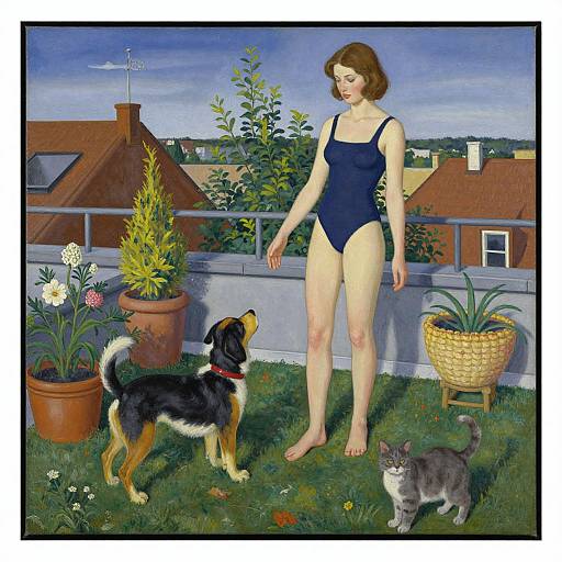 Digital painting of a fair-skinned woman in a navy swimsuit standing on a rooftop, with a black and brown dog, a cat, and p