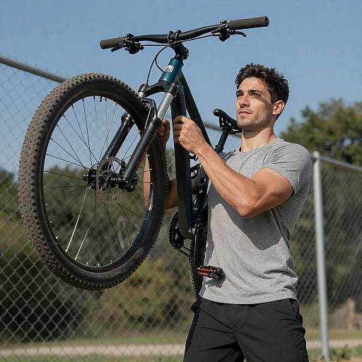 Muscular Man Lifting Bike Behind Fence