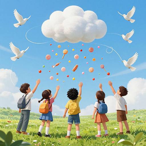 Digital illustration of five children with backpacks, arms raised, watching colorful lollipops and birds fall from a white cloud against a bright blue sky