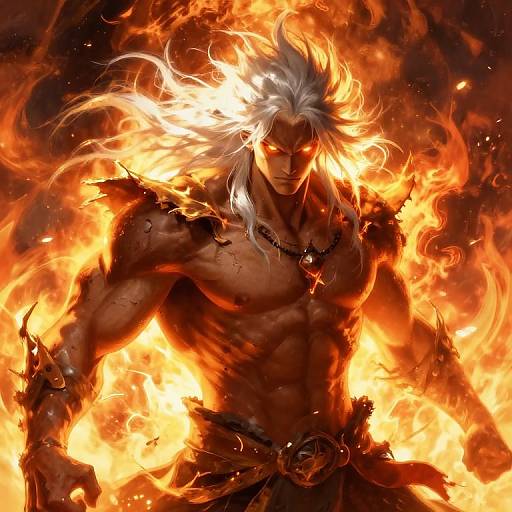Muscular, shirtless man with white hair and glowing red eyes, engulfed in fiery orange flames, wearing tattered black clothing, intense and powerful