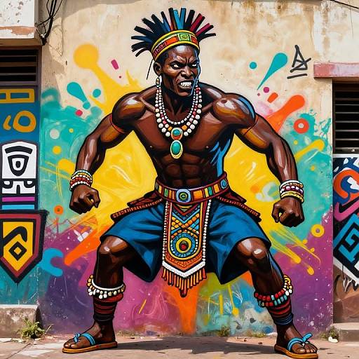 Vibrant digital artwork of a muscular, dark-skinned African warrior with colorful headdress, jewelry, and blue loincloth, standing powerfully