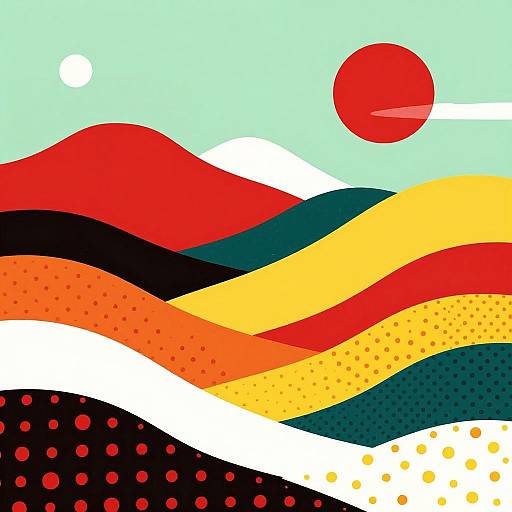 Abstract digital art: Vibrant wavy hills in red, yellow, black, and white, dotted textures, red sun, white moon, teal sky