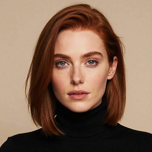 Photograph of a fair-skinned woman with striking blue eyes, straight auburn hair, and a black turtleneck, against a plain beige