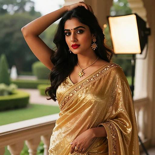 Photograph of a beautiful Indian woman with long black hair, red lipstick, wearing a golden, intricately embroidered saree and matching jewelry, posing with