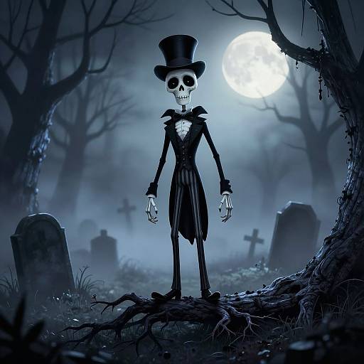 Digital illustration of a skeletal figure in a black top hat and tattered coat, standing in a spooky blue moonlit graveyard with bare trees and gravest