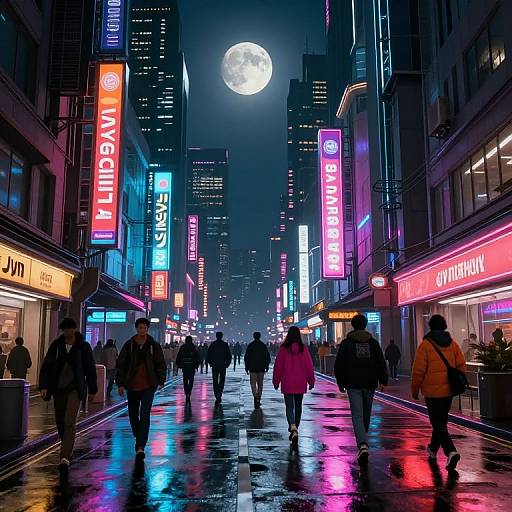 Neon-lit, rain-soaked city street at night with full moon, colorful signs, pedestrians in winter clothes, reflections on wet pavement, photograph