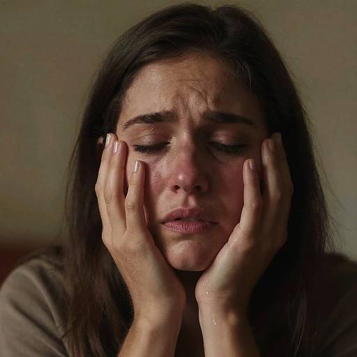 Photograph of a distressed woman with long dark hair, closed eyes, and tear-streaked face, hands cupping her cheeks, wearing a brown