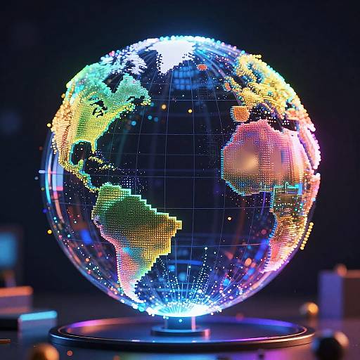 Holographic globe with vibrant pixel particles